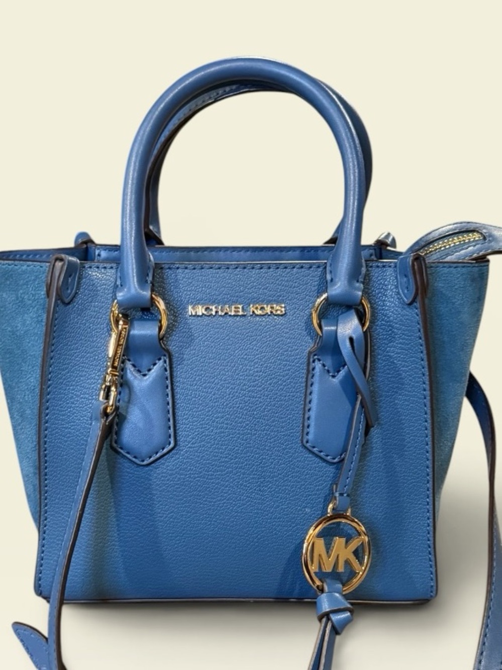 Michael Kors Dark Chambray Leather+Suede Kris Small Satchel Crossbody Purse - Picture 3 of 13